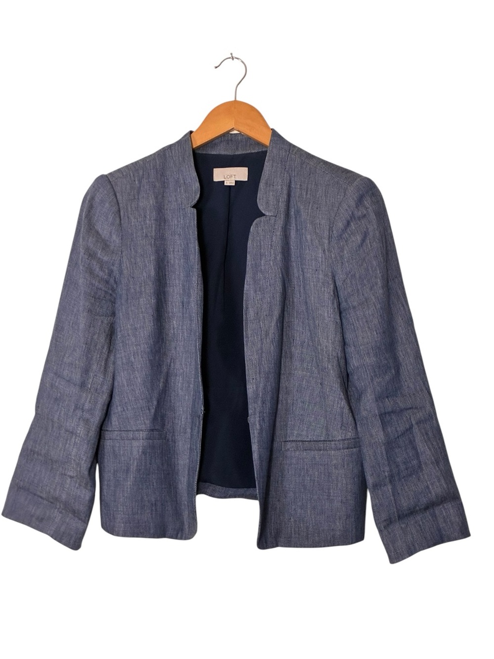 LOFT | Chambray logo sleeve rayon blend fitted structured blazer Women’s size 6